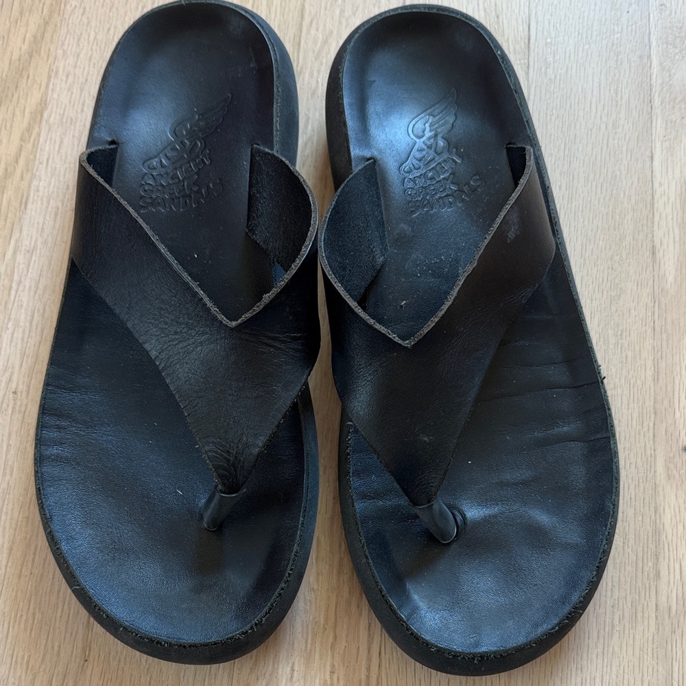 Ancient Greek Sandals Black Leather Flip Flops